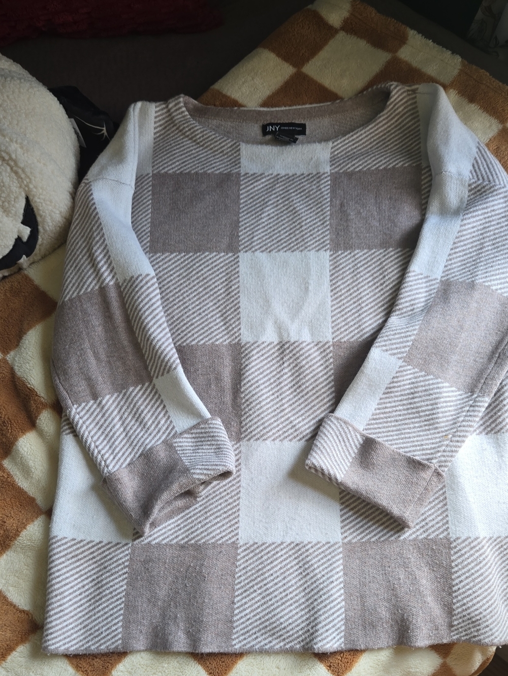 Jones New York Cream and Tan Plaid Crewneck Sweater